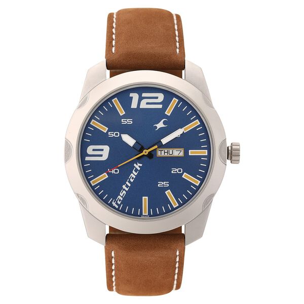 Fastrack Quartz Analog with Day and Date Blue Dial Leather Strap Watch for Guys - image number 1
