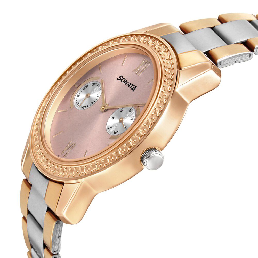 Buy Online Sonata Multifunctions Pink Dial Women Watch With Metal