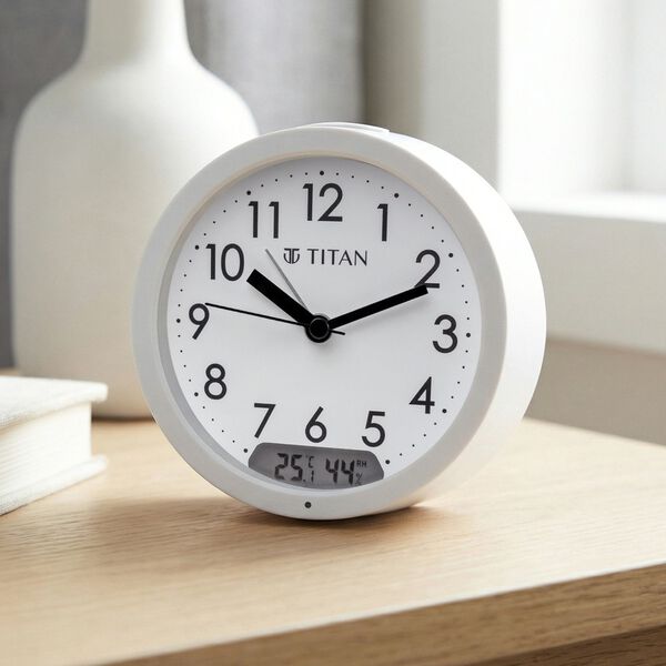 Titan Alarm Clock - Analog Round Table Clock With Digital Lcd Screen For Temperature Humidity, White Dial And Case - image number 0