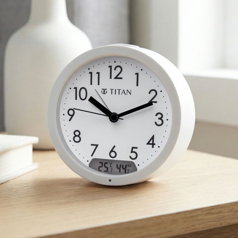 Titan Alarm Clock - Analog Round Table Clock With Digital Lcd Screen For Temperature Humidity, White Dial And Case