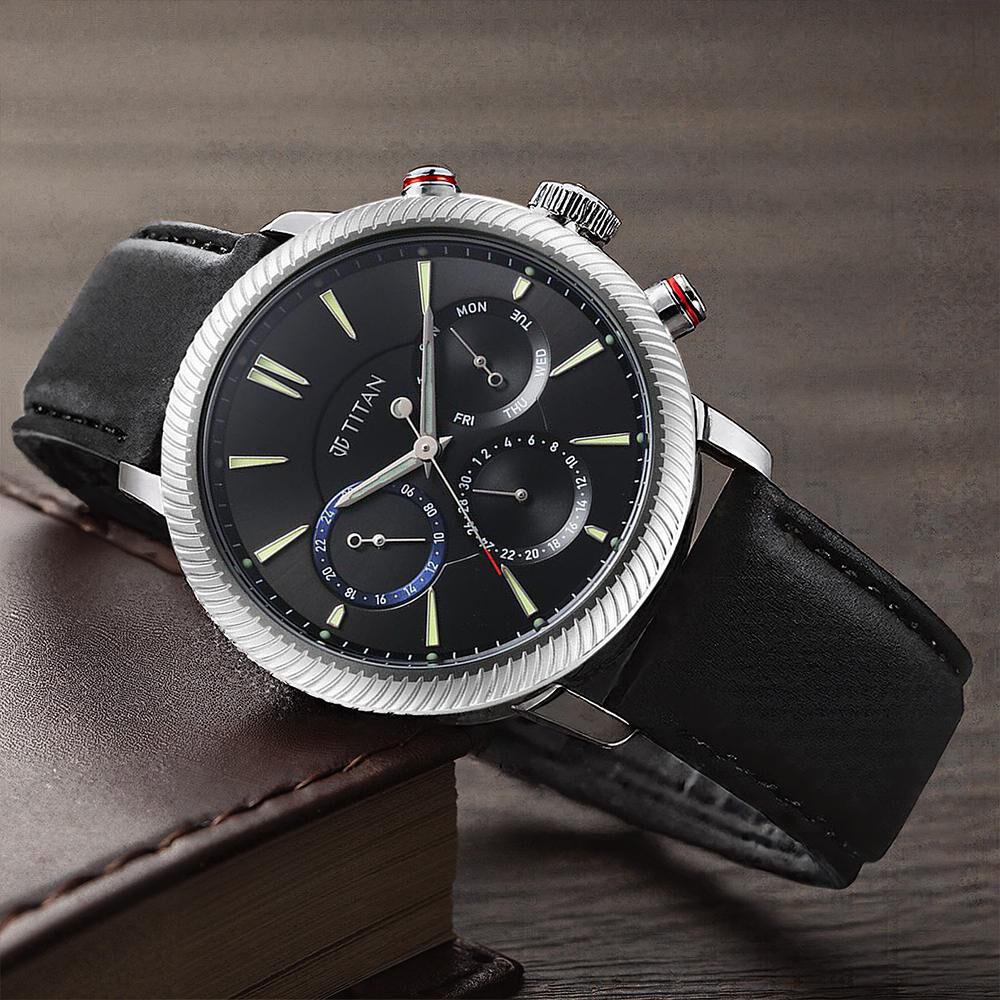 Titan Stellar Quartz Multifunction Black Dial Leather Strap Watch for Men-image-47