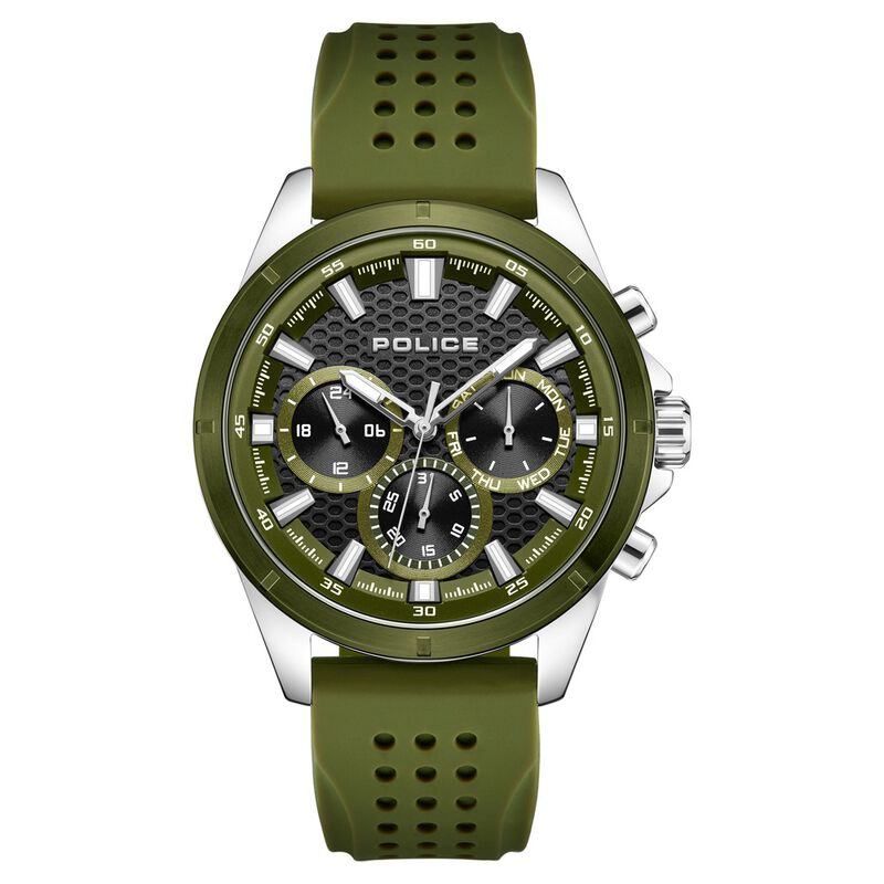 Police Quartz Multifunction Black Dial Green Colour Silicone Strap Watch For Men