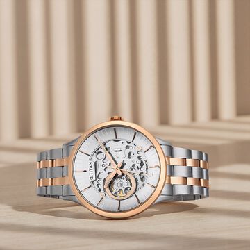 Titan Metal Mechanicals Silver Dial Dual Tone Stainless Steel Strap Watch for Men