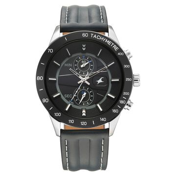 Fastrack Fastrack Overdrive Quartz Chronograph Tachymeter Black Dial Blue Leather Strap Watch For Guys