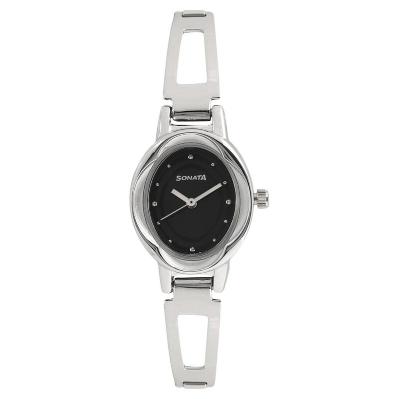 Sonata Quartz Analog Black Dial Stainless Steel Strap Watch for Women