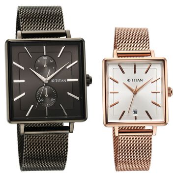 Titan Bandhan Black Dial Quartz Multifunction Stainless Steel Strap watch for Couple