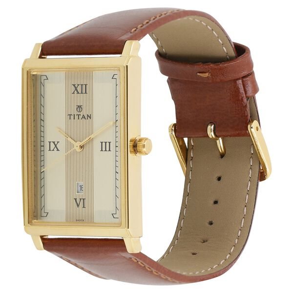 Titan Analog with Date Champagne Dial Leather Strap watch for Men - image number 1