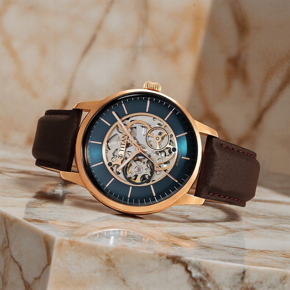 Titan Skeletal Automatic Blue Dial Brown Leather Strap Watch for Men-picture-23