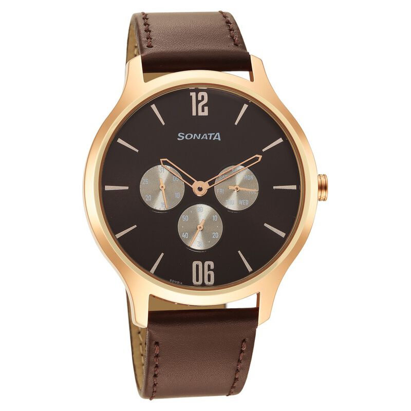 Sonata Quartz Multifunction Brown Dial Leather Strap Watch for Men