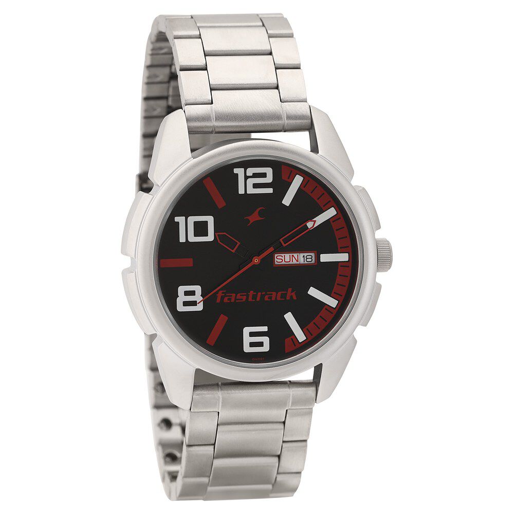 Buy Online Fastrack Quartz Analog with Day and Date Black Dial Stainless Steel Strap Watch for Guys nm3124sm04 Titan