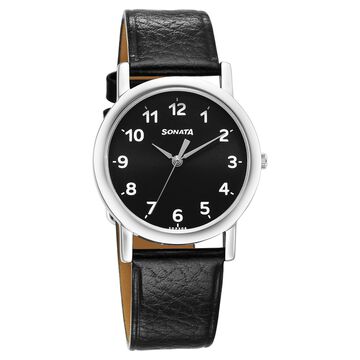 Sonata Classic Quartz Analog Black Dial Black Leather Strap Watch for Men