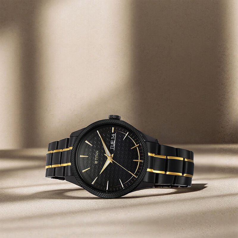 Titan Regalia Opulent Quartz Analog with Day and Date Black Dial Two Toned Stainless Steel Strap Watch for Men