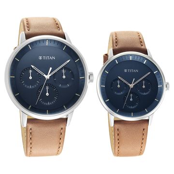 Titan Modern Bandhan Blue Dial Quartz Multifunction Leather Strap watch for Couple