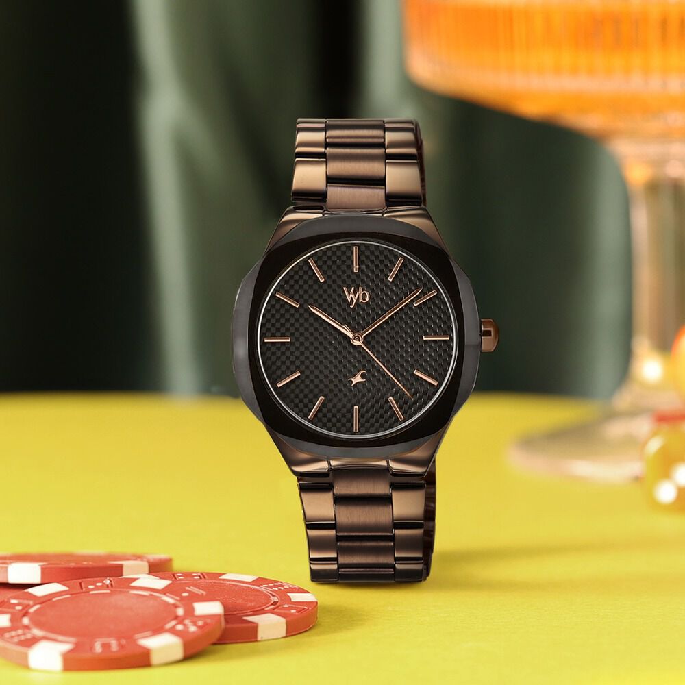Vyb Challenger By Fastrack Quartz Analog Black Dial Brown Stainless Steel Strap Watch For Guys-image-48