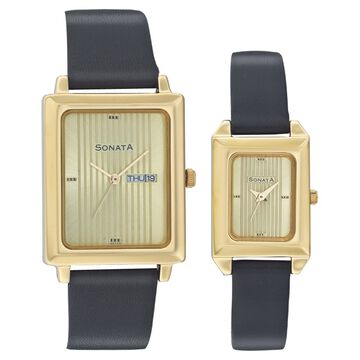 Sonata Quartz Analog with Day and Date Champagne Dial Leather Strap Watch for Couple