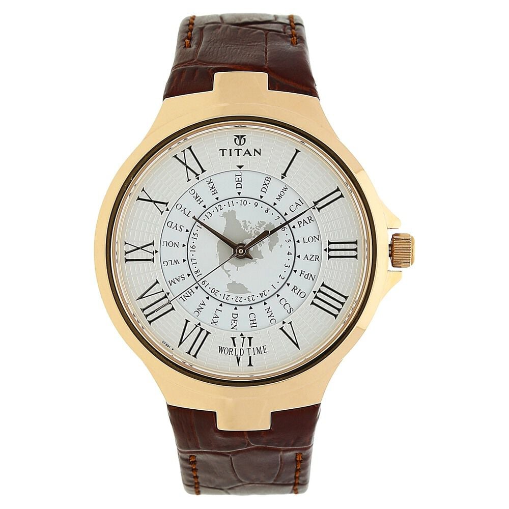 Buy Online Titan Globe Trotter Silver Dial World Time Leather Strap watch for Men nk1706wl01 Titan