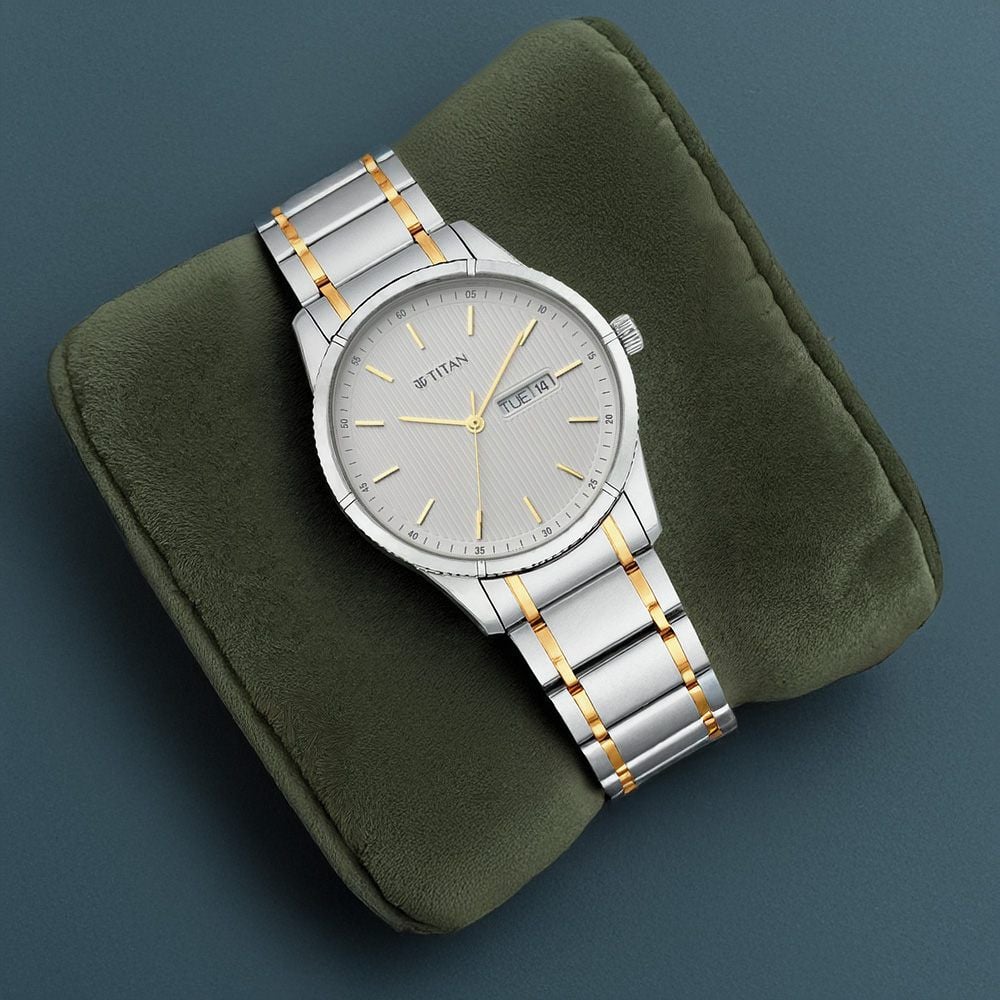 Titan Lagan White Dial Analog with Day and Date Metal Strap Watch for Men