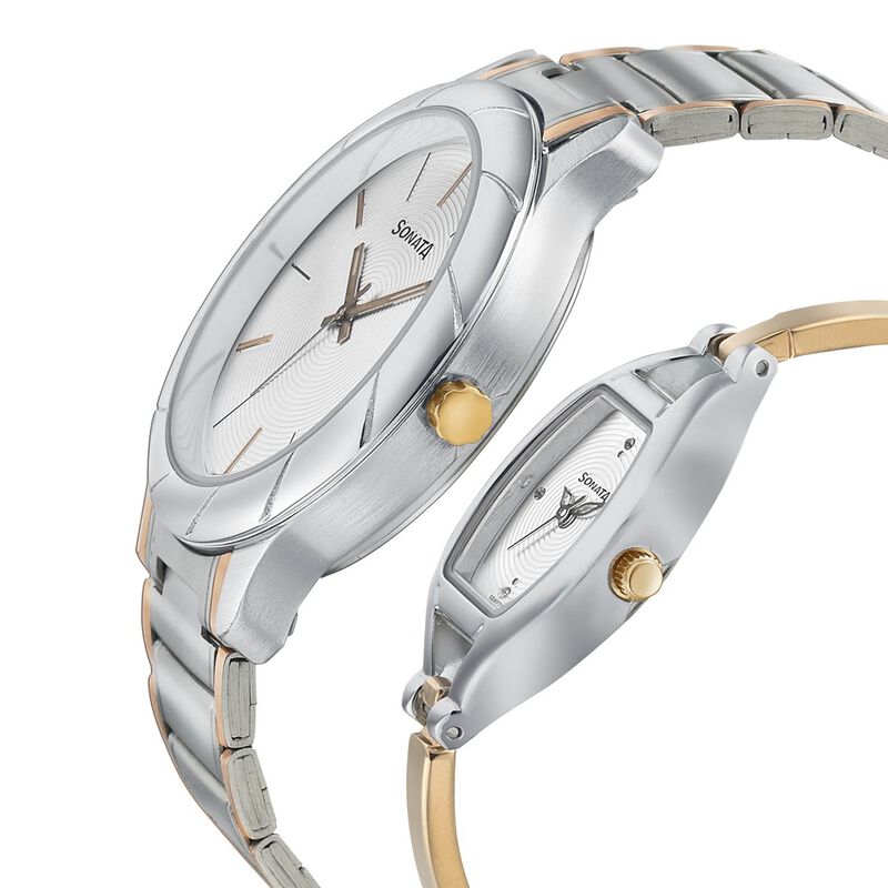 Sonata Quartz Analog Beige Dial Stainless Steel Strap Watch for Couple - image number 2