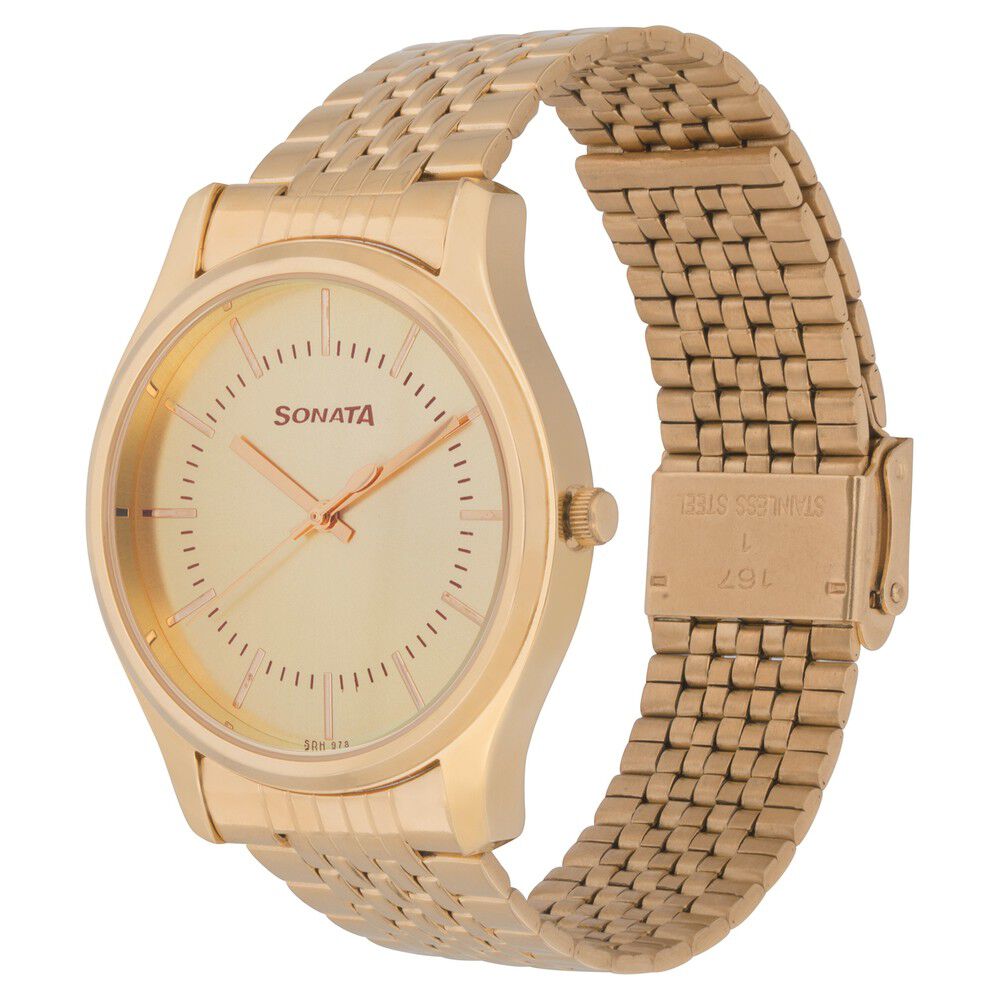 Buy Online Sonata Quartz Analog Champagne Dial Stainless Steel Strap Watch for Men ns77082ym02 Titan