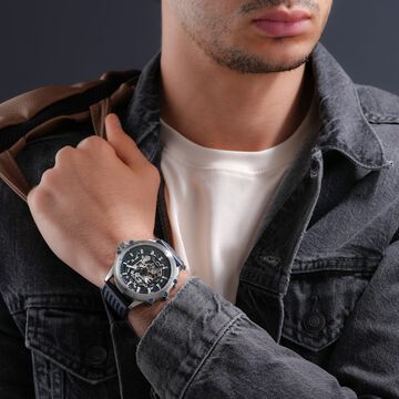 Police Automatic With Self Winding Blue Dial Blue Color Leather Strap Watch For Men
