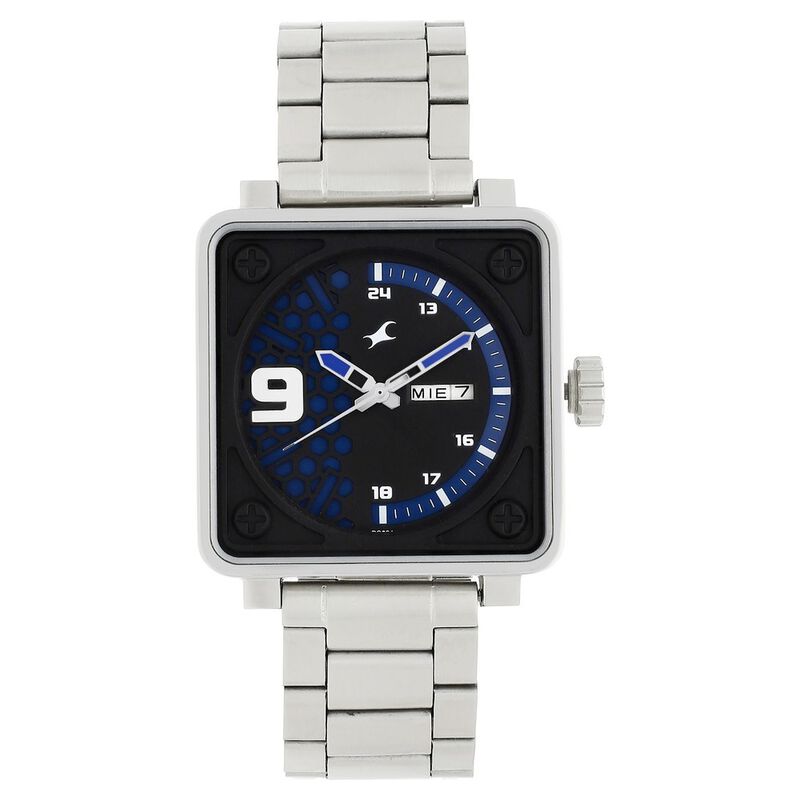 Fastrack Loopholes Quartz Analog with Day and Date Blue Dial Stainless Steel Strap Watch for Guys