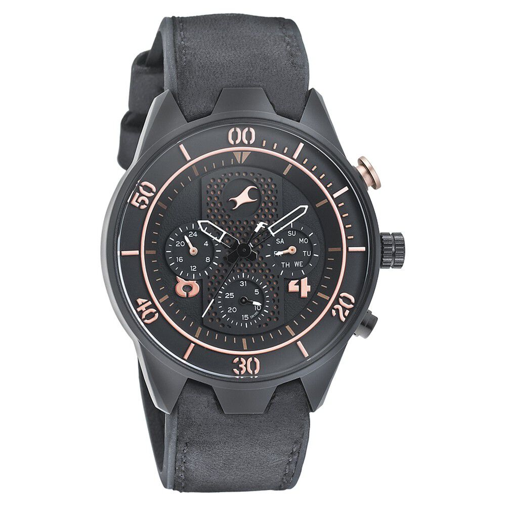 Buy Online Fastrack All Nighters Quartz Multifunction Black Dial Leather Strap Watch for Guys np3195ap03 Titan