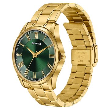 Sonata Traditional Essentials Green Dial Gold-Tone Stainless Steel Strap Watch