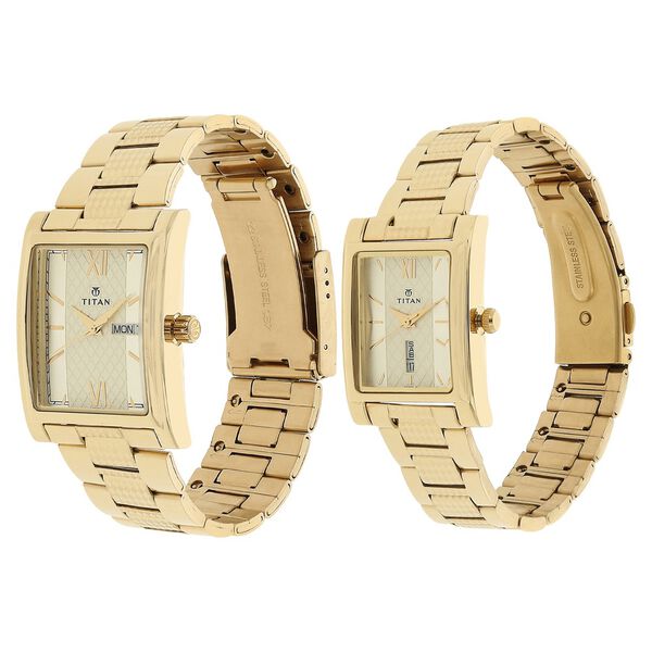 Titan Quartz Analog with Day and Date Silver Dial Stainless Steel Strap Watch for Couple - image number 1