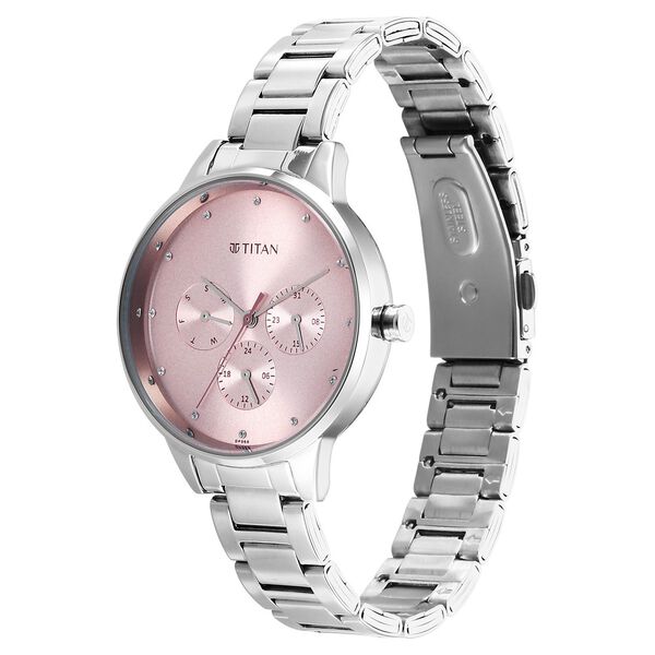 Titan Razzle Dazzle Quartz Analog with Day and Date Pink Dial Silver Stainless Steel Strap Watch For Women - image number 2