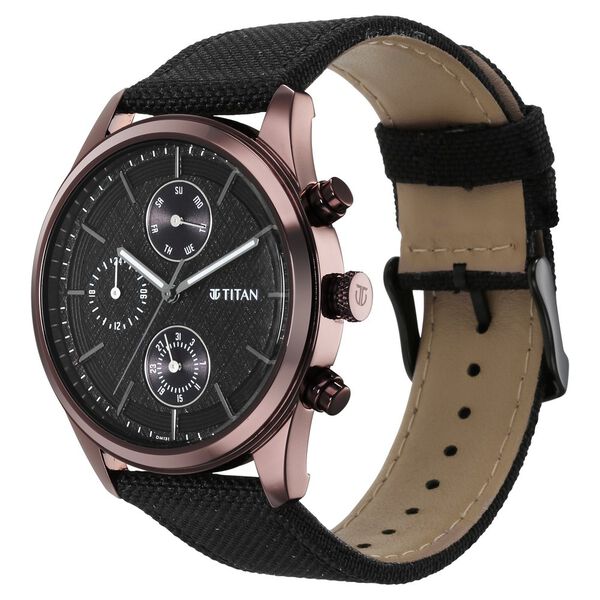 Titan Men's Infinity Chrono watch: Precise Blue Dial, Rose Gold Highlights, Durable Leather Strap - image number 2