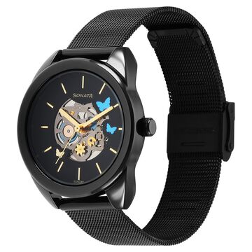 Sonata Unveil Quartz Multifunction Black Dial Stainless Steel Strap Watch for Women