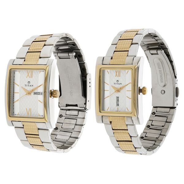 Titan Quartz Analog with Day and Date Silver Dial Stainless Steel Strap Watch for Couple - image number 1