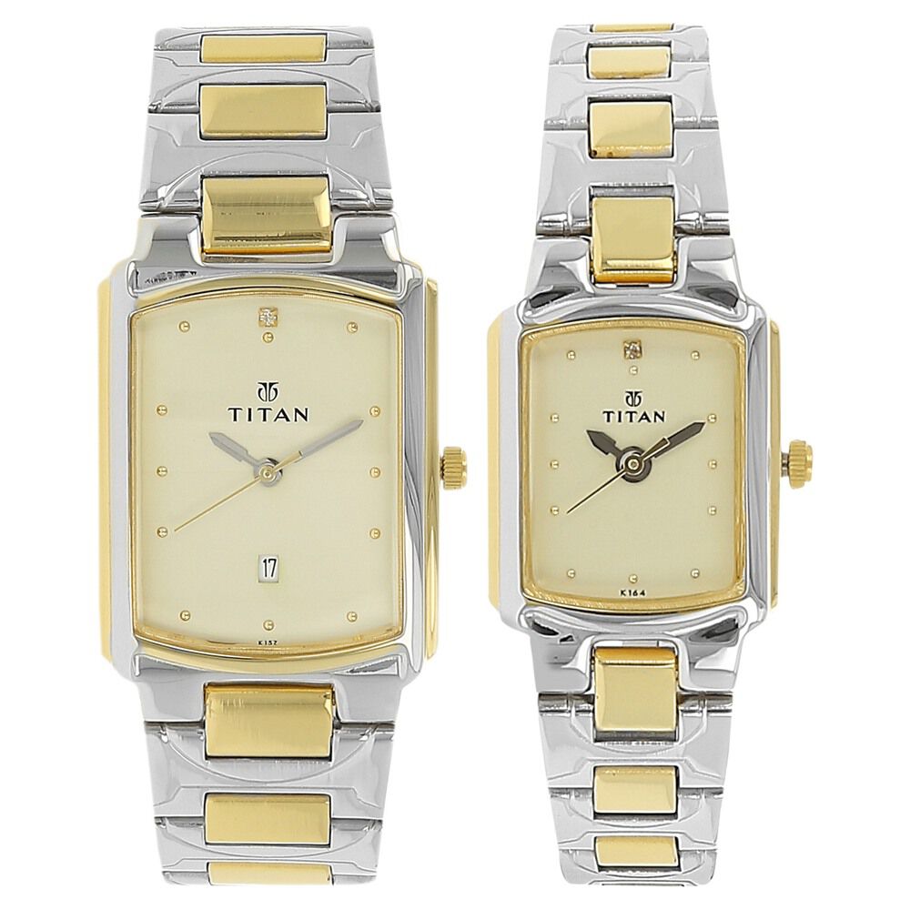 Buy Online Titan Quartz Analog with Date Champagne Dial Stainless Steel Strap Watch for Couple nl19552955bm02p Titan