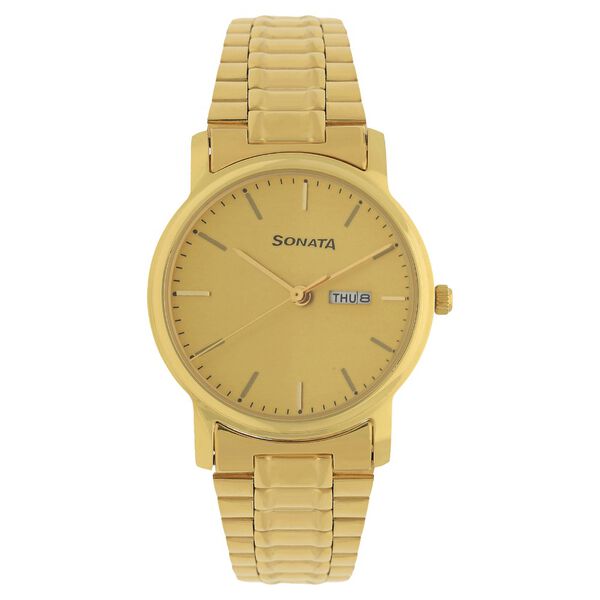 Sonata Quartz Analog with Day and Date Champagne Dial Stainless Steel Strap Watch for Men - image number 0