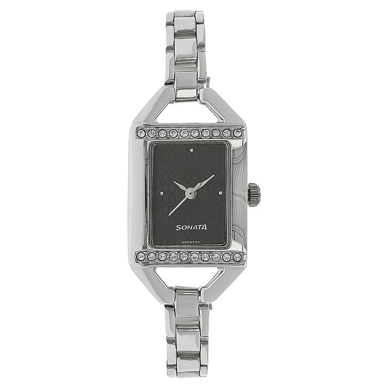 Sonata Quartz Analog Black Dial Stainless Steel Strap Watch for Women