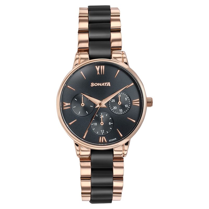 Sonata Festive Quartz Multifunction Black Dial Two Toned Acetate And Metal Strap Watch For Women
