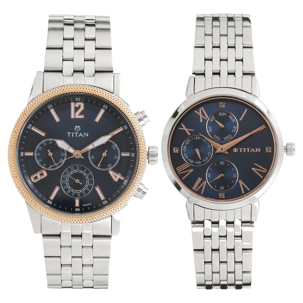 Buy Online Titan Bandhan Blue Dial Quartz Multifunction Stainless Steel Strap watch for Couple ns17342569km01p Titan