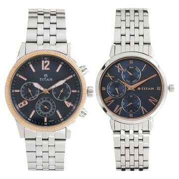 Titan Bandhan Blue Dial Quartz Multifunction Stainless Steel Strap watch for Couple