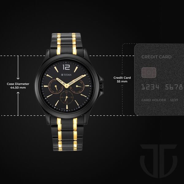 Titan Black and Gold Black Dial Quartz Multifunction Stainless Steel Strap watch for Men - image number 2