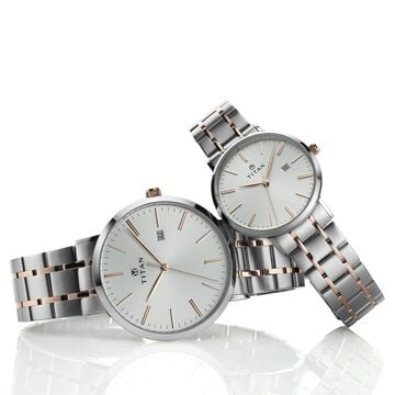 Titan Quartz Analog with Date Silver Dial Stainless Steel Strap Watch for Couple