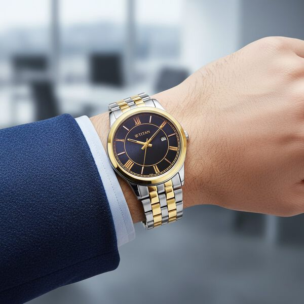 Titan Karishma Festive Analog with Royal Blue Dial Dual Tone Stainless Steel Strap Watch for Men - image number 7