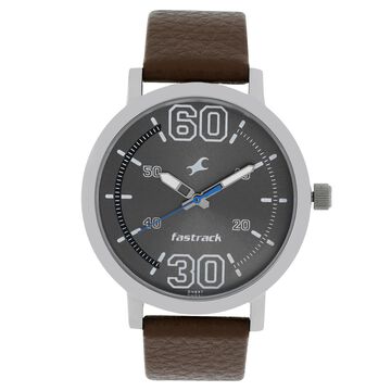 Fastrack Fundamentals Quartz Analog Grey Dial Leather Strap Watch for Guys