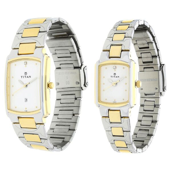 Titan Quartz Analog with Date White Dial Stainless Steel Strap Watch for Couple - image number 1