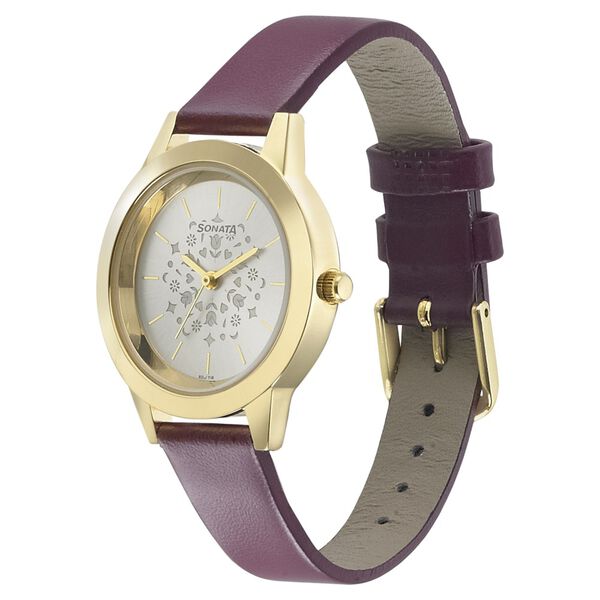 Sonata Floral Folkart Champagne Dial Women Watch With Leather Strap - image number 1