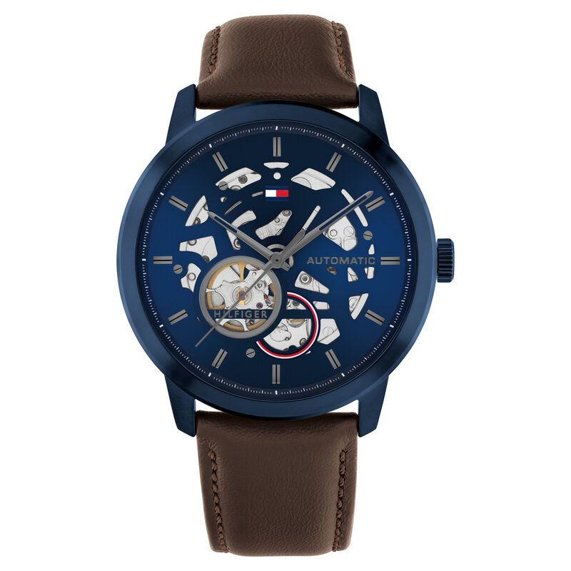 Tommy Hilfiger Automatic Blue Dial Brown Leather Strap Watch For Men