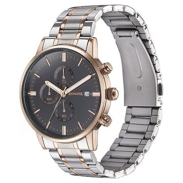 Sonata Quartz Multifunction Black Dial Two Toned Stainless Steel Strap Watch For Men