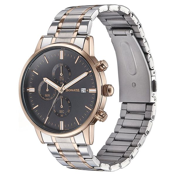 Sonata Quartz Multifunction Black Dial Two Toned Stainless Steel Strap Watch For Men - image number 3