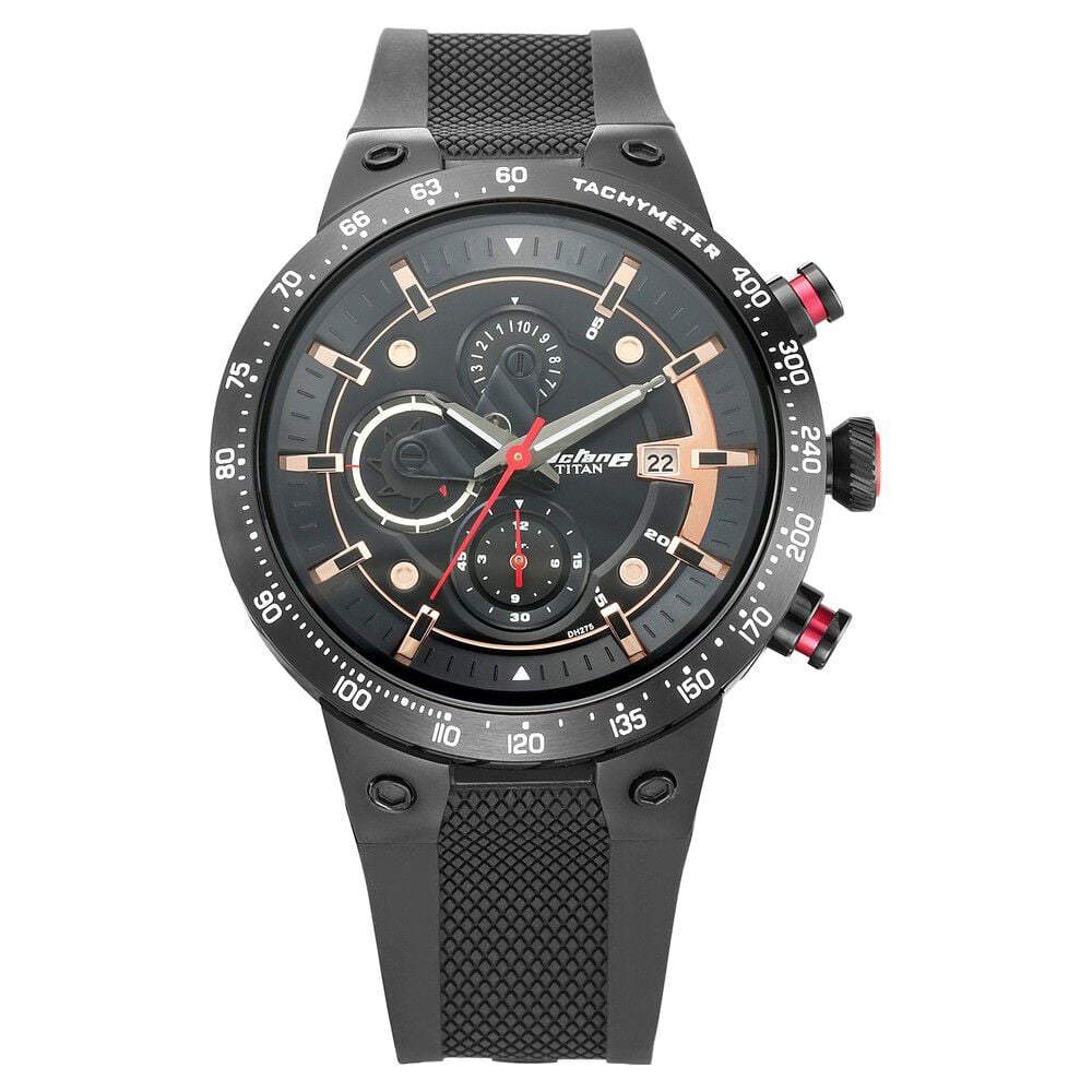 Titan octane black chronograph watch with tachymeter outlet