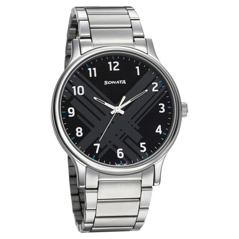 Sonata Smart Plaid Quartz Analog Black Dial Stainless Steel Strap Watch for Men