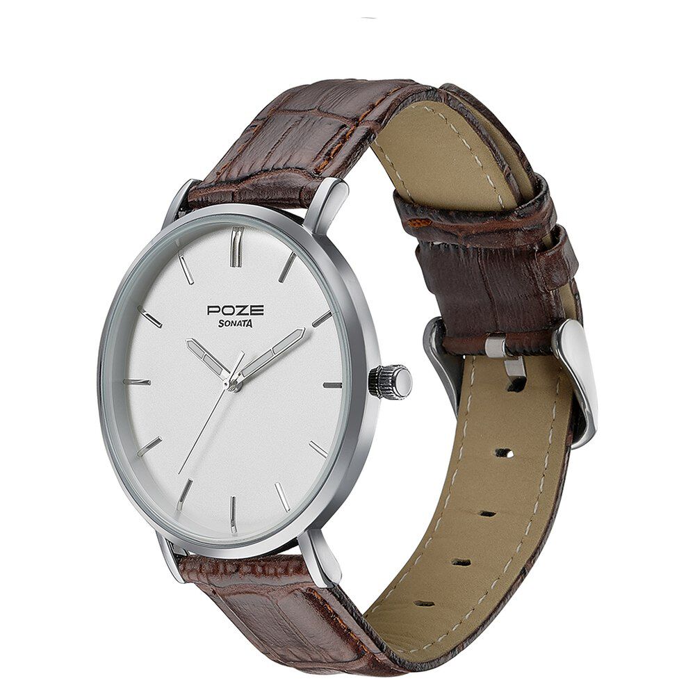 Buy Online Sonata Poze Quartz Analog Silver Dial Brown Leather